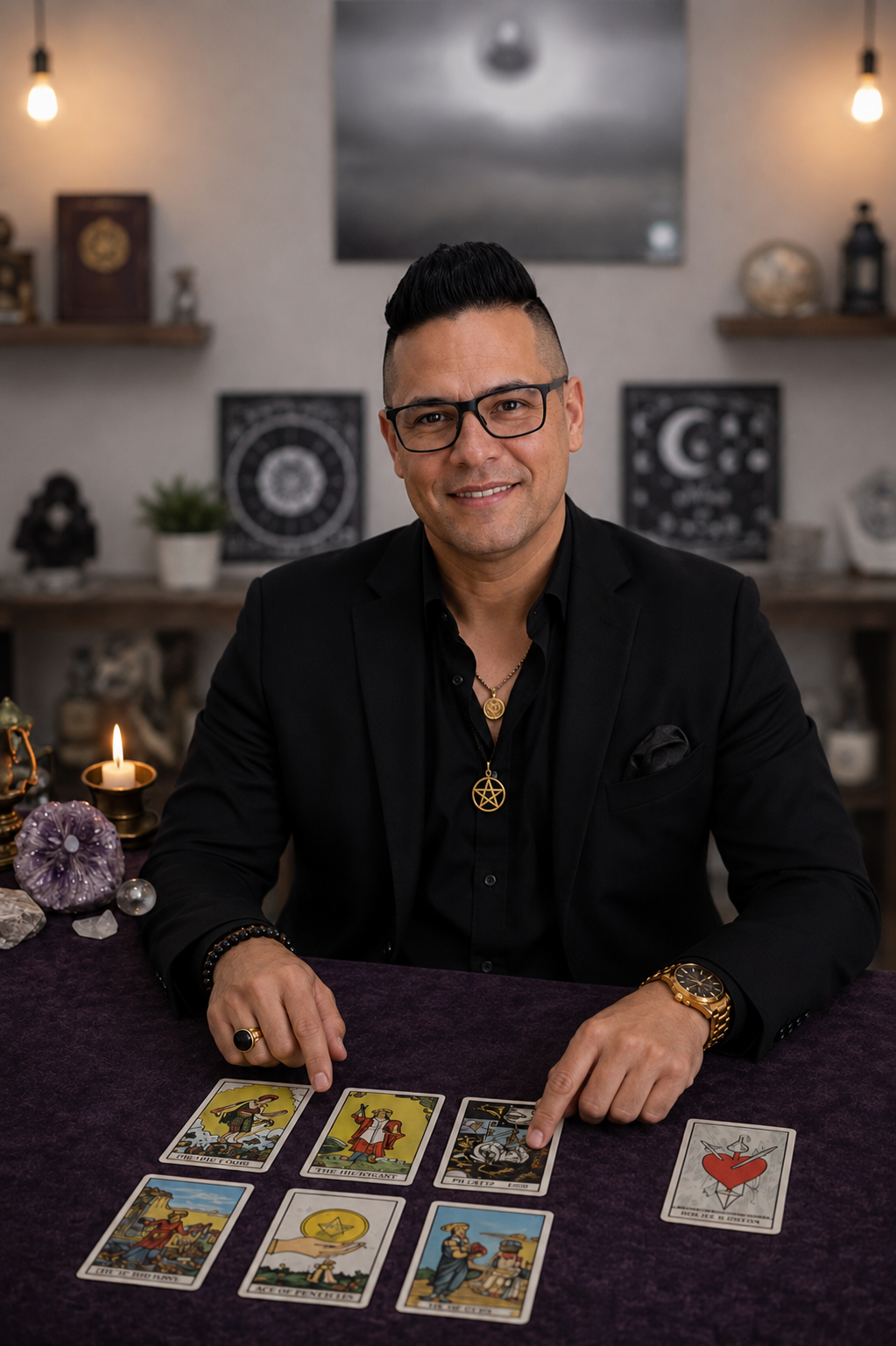 Orientador espiritual durante una lectura de tarot